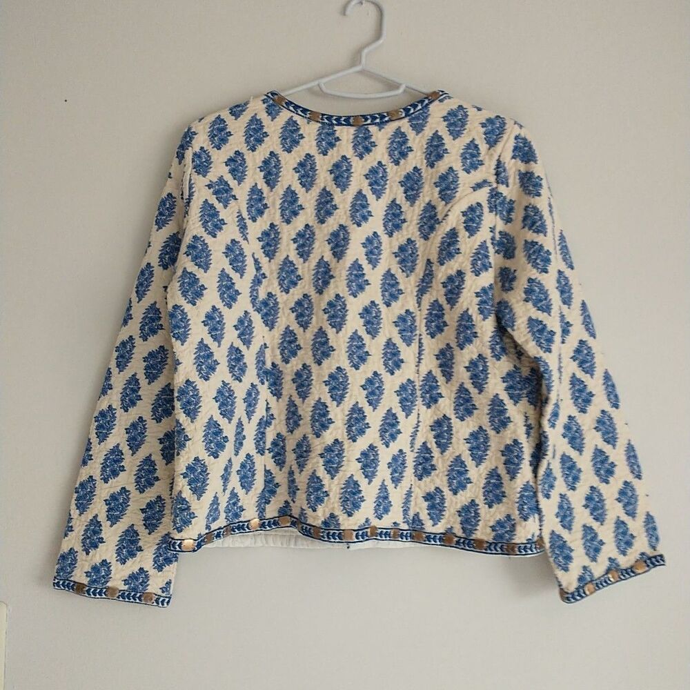 Pahiesa Open Front Jacket Womens M/L/S*Blue Floral Block Print Quilted Embellish - Picture 5 of 10